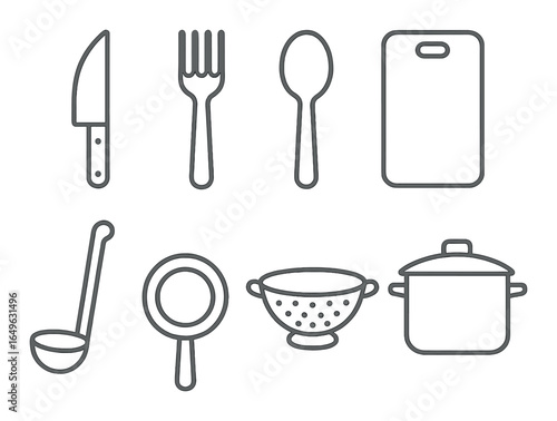 Outline illustration of kitchen utensils: knife, fork, spoon, cutting board, ladle, pan, colander, pot