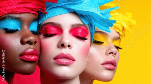 This striking beauty portrait features three diverse models with vibrant makeup against bold backgrounds, celebrating individuality and artistic expression in fashion photography.