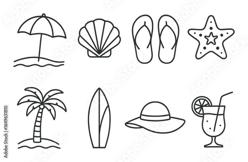 Beach life symbols: umbrella, shell, flip-flops, starfish, palm, surfboard, hat, cocktail