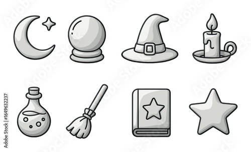 Monochrome witchcraft icons: moon, crystal, hat, candle, potion, broom, book, star