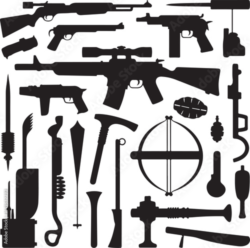 Collection of Weapon Silhouettes Including Firearms, Crossbow, and Melee Weapons pistol rifle