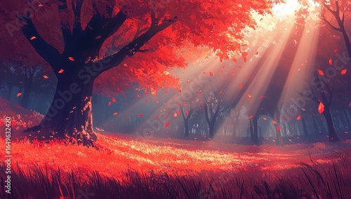 Autumnal sunbeams illuminate a vibrant red forest
