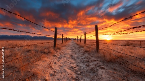 A breathtaking sunset illuminates a rural landscape, where rusted barbed wire fences extend down a dusty path, evoking feelings of solitude and the wild beauty of nature.
