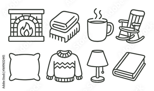 Cozy home essentials: fireplace, blanket, mug, rocking chair, pillow, sweater, lamp, book