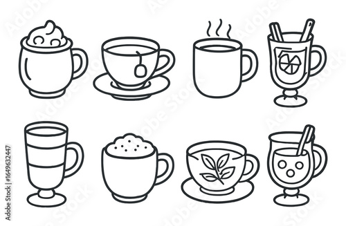 Icon set of various hot beverages in mugs and glasses on dark background