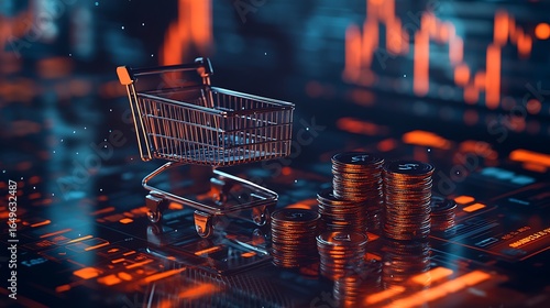 Digital shopping cart alongside stacks of coins representing online transactions and financial growth photo