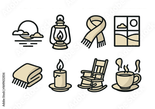 Cozy symbols of autumn: blanket, lantern, scarf, window, candle, rocking chair, hot drink