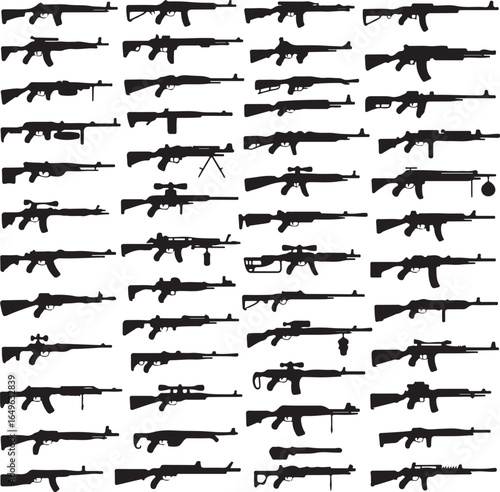 Collection of various rifle and gun silhouettes on white background Keywords: rifle, gun, weapon