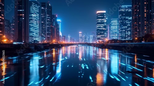 Cityscape at night Buildings reflecting in river water.