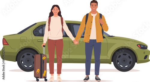 Couple Holding Hands in Front of a Car, Ready for Adventure and Travel