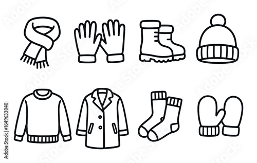 Winter clothing icons: scarf, gloves, boots, hat, sweater, coat, socks, mittens