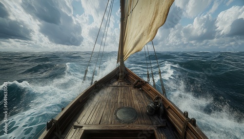 Stormy seas, wooden vessel's bow.  Vast waves crash around a  ancient ship