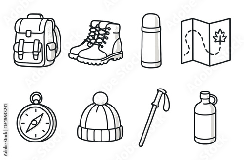 Camping and hiking gear icons: backpack, boots, thermos, map, compass, beanie, trekking pole, water bottle