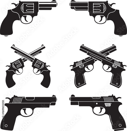 Silhouettes of revolvers and pistols in various arrangements handgun firearm