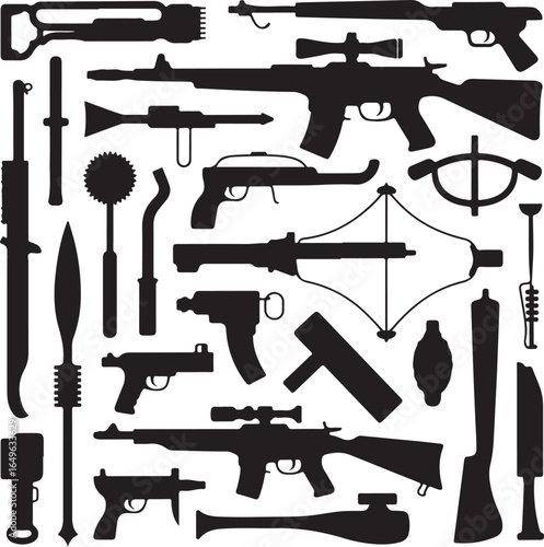 Collection of Weapon Silhouettes Including Rifles Crossbows and Melee Weapons Keywords: weapon, gun