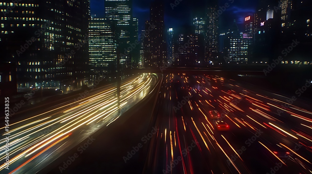 Obraz premium Dynamic nighttime photo captures the light trails of moving vehicles and city skyscrapers