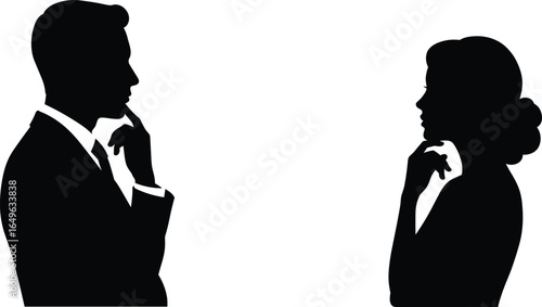 Silhouette business people thinking, decision making concept, mirrored pose, teamwork reflection, corporate strategy, leadership mindset, professional contemplation, abstract illustration