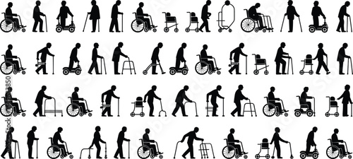 Silhouettes of Disabled and Elderly People Using Wheelchairs, Walkers, Mobility Aids, Health Care Support Icons, Vector Set Isolated