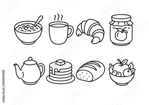 Breakfast icons: cereal, coffee, croissant, jam, teapot, pancakes, bread, fruit bowl