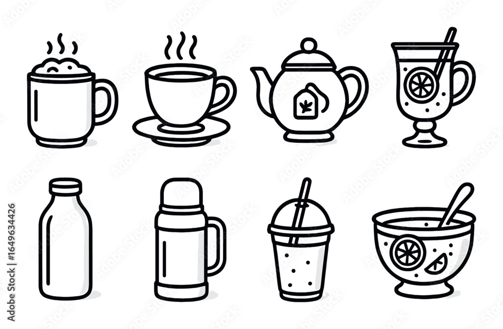 Assorted hot and cold beverage icons in minimalist black line art Assorted hot and cold beverage icons in minimalist black line art