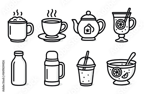 Assorted hot and cold beverage icons in minimalist black line art