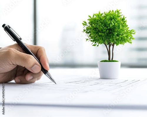 Hand drawing on paper with pen, a small potted tree nearby, symbolizing growth or planning. Bright, airy indoor setting with a blurred city backdrop