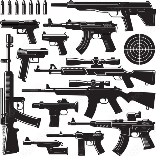 Assorted firearms silhouettes including rifles pistols submachine guns and target weapon