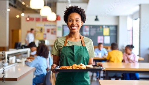 A woman wearing a green apron holds a tray of food in a brightly lit cafeteria.