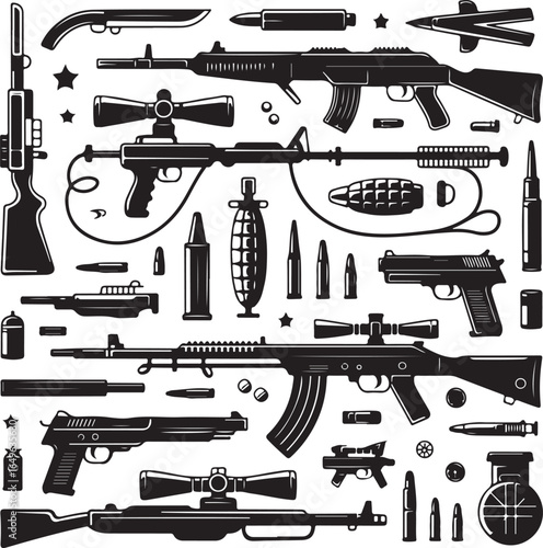 Assorted Firearm and Ammunition Silhouettes with Grenades and Bullets rifle shotgun