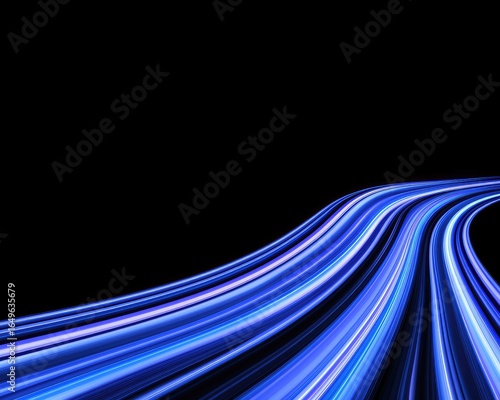 Abstract composition of bright blue light trails curving across a dark background, suggesting motion and energy. The trails are blurred, giving a sense of speed and fluidity.