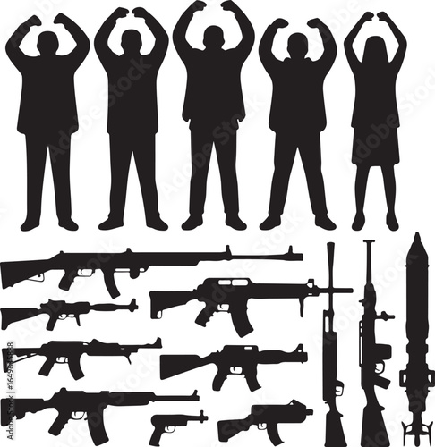 Silhouettes of people with raised arms and various military firearms and a rocket launcher person woman