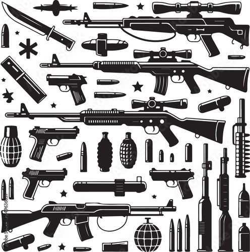 Compilation of firearms ammunition grenades and military equipment silhouettes rifle assault rifle