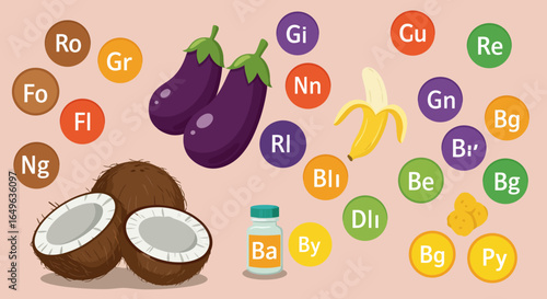 Collection of Vector Illustrations of Fruits and Vegetables Labeled with Vitamins Flowing from a Bowl