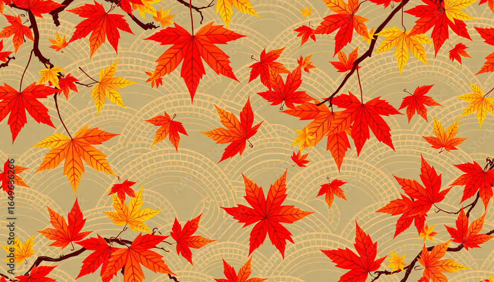 Obraz premium Japanese Momiji Maple Leaf and Wave Seamless Pattern