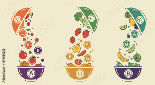 Collection of Vector Illustrations of Fruits and Vegetables Labeled with Vitamins Flowing from a Bowl