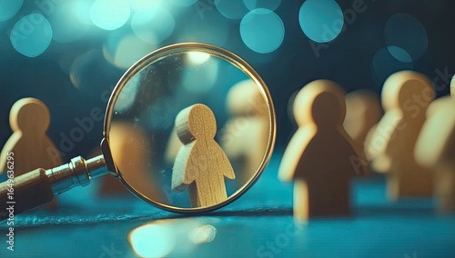 A magnifying glass focuses on a single wooden figure amidst a group of similar figures.  Blurred bokeh lights in the background create a soft focus