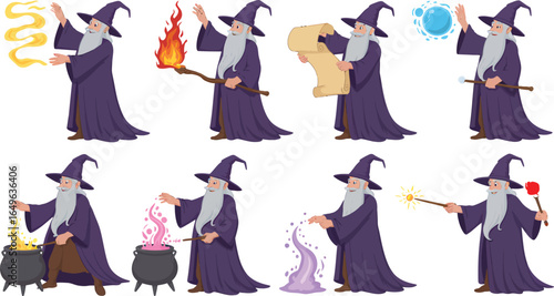 Set of a Cartoon Wizard Character in Various Magic Poses and Actions