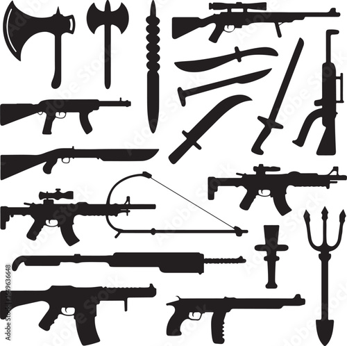 Collection of Silhouetted Weapons and Blades on White Background hatchet battle axe
