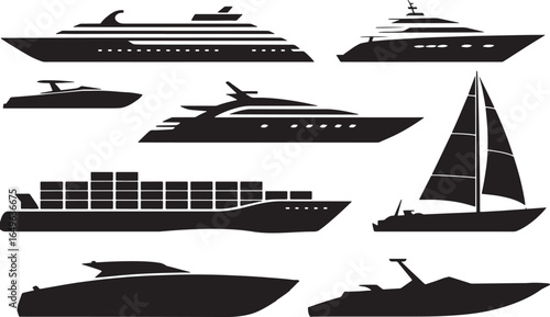 Collection of Various Watercraft Vessels Cruise Ships Cargo Ships Sailboats and Yachts Vector Illustration Set