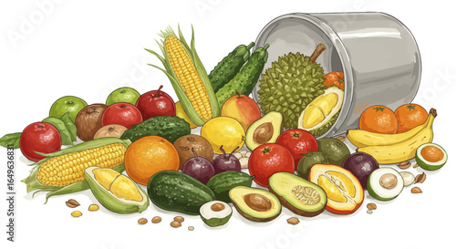 Collection of Vector Illustrations of Fruits and Vegetables Labeled with Vitamins Flowing from a Bowl