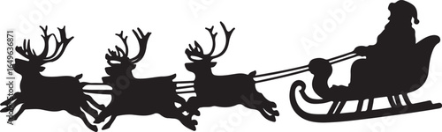 Black silhouette of Santa Claus in a sleigh pulled by three reindeer christmas