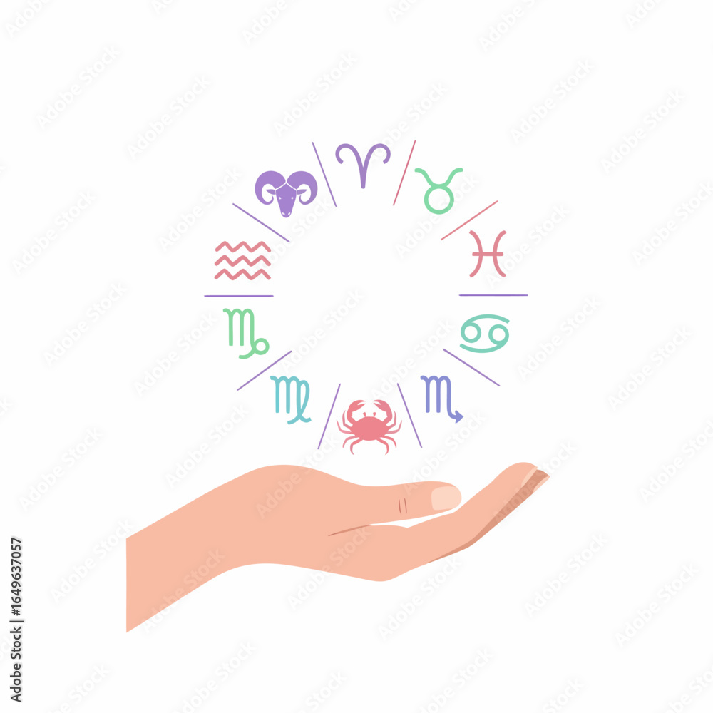 Hand holding a circular arrangement of zodiac symbols and a crab. Hand holding a circular arrangement of zodiac symbols and a crab.