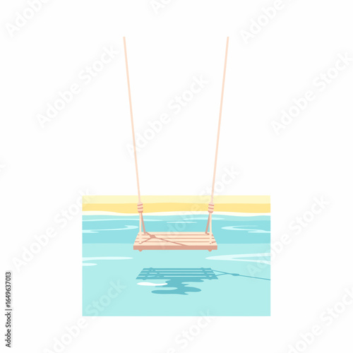 Idyllic wooden rope swing hanging over calm turquoise water with a sandy beach.