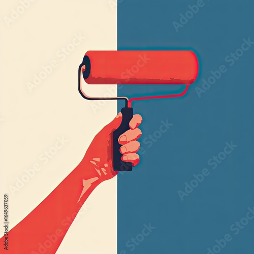 A hand holds a paint roller, poised to paint a wall.  The hand and roller are vibrant red against a stark backdrop of cream and dark blue