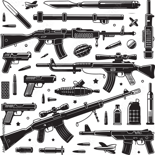 Detailed graphic illustration of firearms ammunition and military equipment silhouette guns