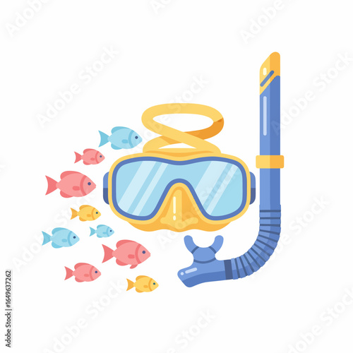 Flat vector illustration of a yellow and blue snorkeling mask with a school of colorful fish.