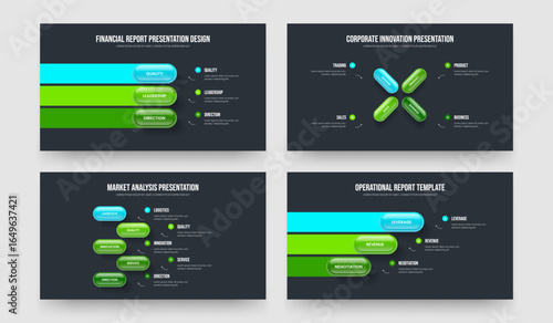 Professional Planning Three Four Five Element Infographic Presentation Layout Vector Illustration Set. Company Analysis 3 4 5 Option Diagram Slide Template Collection.
