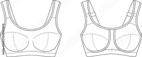 Cad drawing flat vector illustration, technical bra sketch, underwire lingerie design, adjustable strap detail, fashion garment blueprint, sewing template