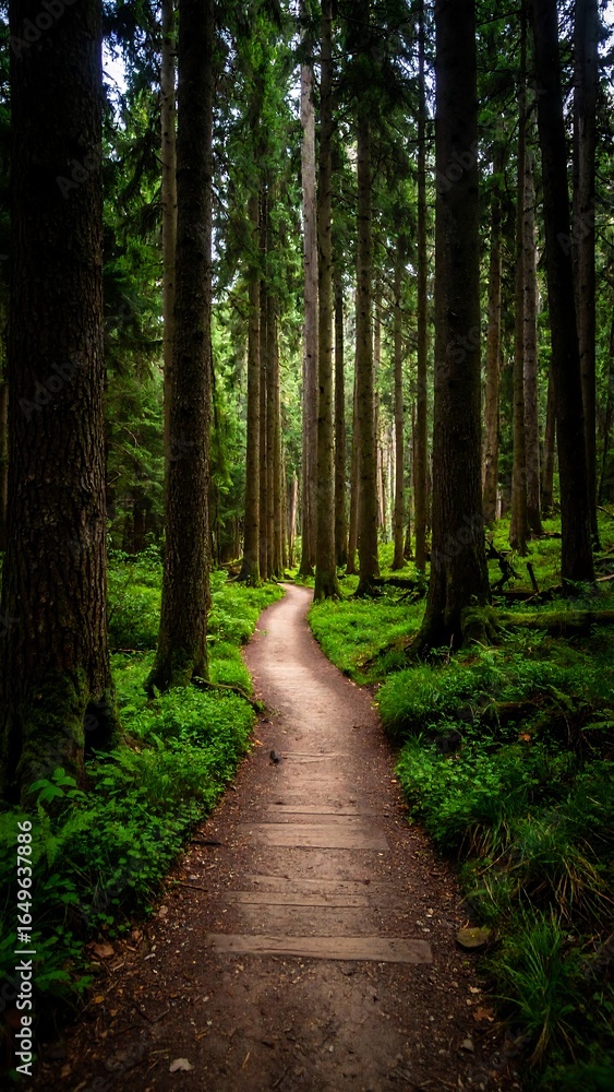 Obraz premium Lush forest path winding through trees