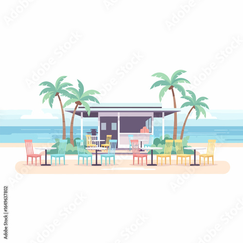Modern beachside cafe with colorful chairs and palm trees a flat vector illustration of a tropical seaside restaurant.